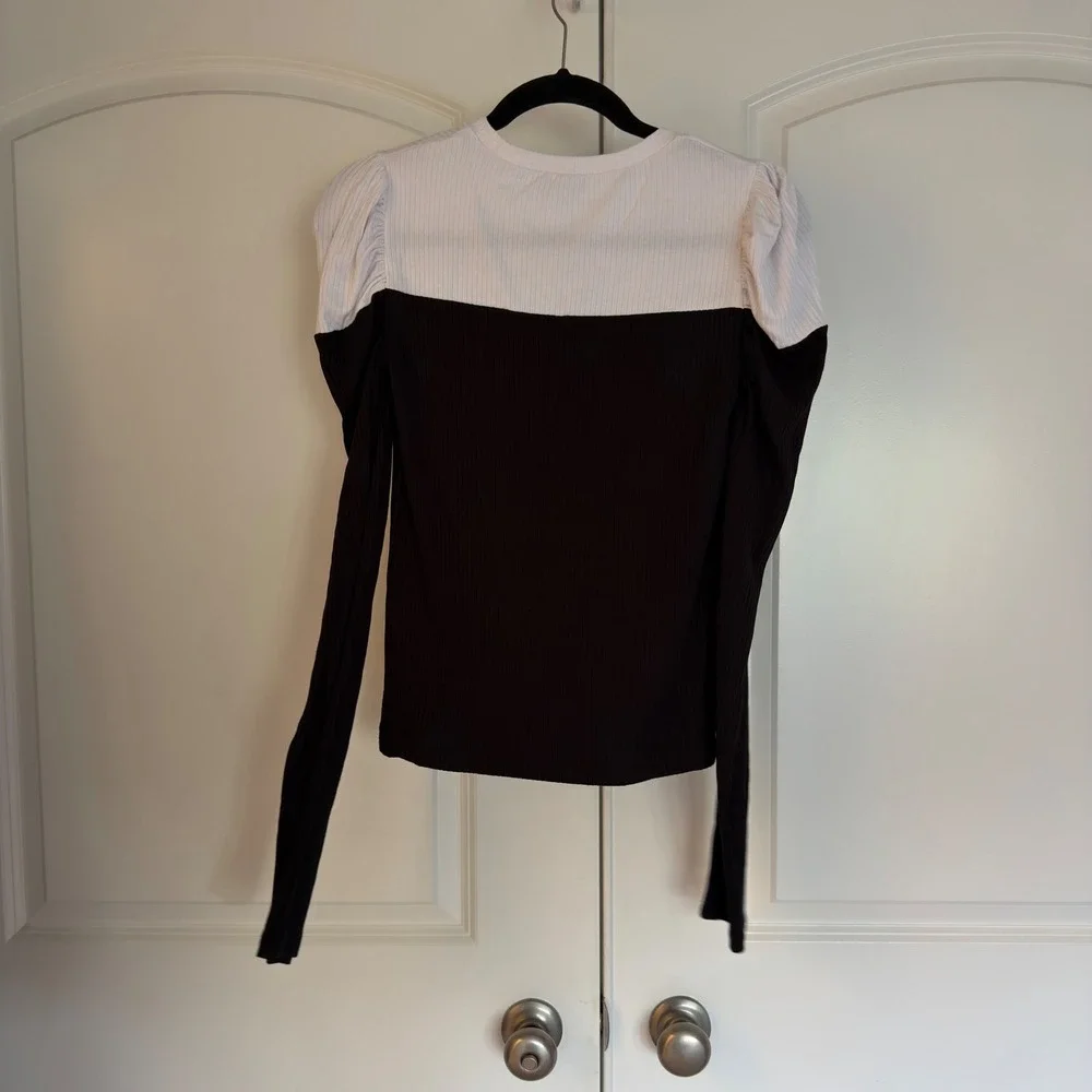 Zara Womens Black White Colorblock Ribbed Puff Sleeve Knit Top Size Medium